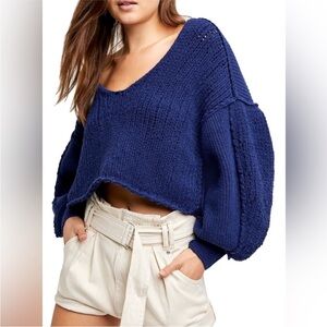 We The Free Deep Blue Navy V-Neck Knit Sweater, Medium